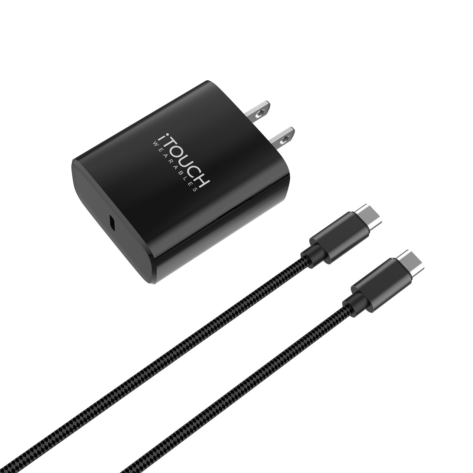 Black charging adapter and cable with 'iTouch' branding on a white background