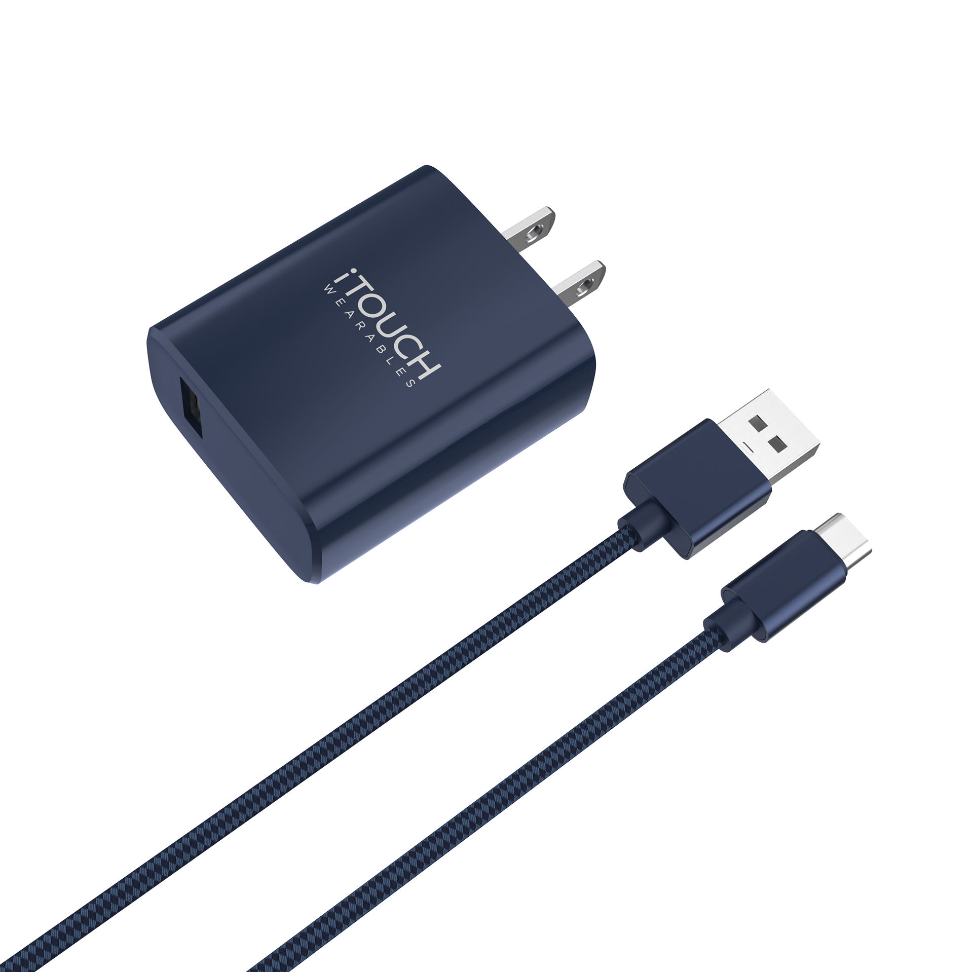 Navy blue charging adapter and cable with 'iTouch' branding on a white background