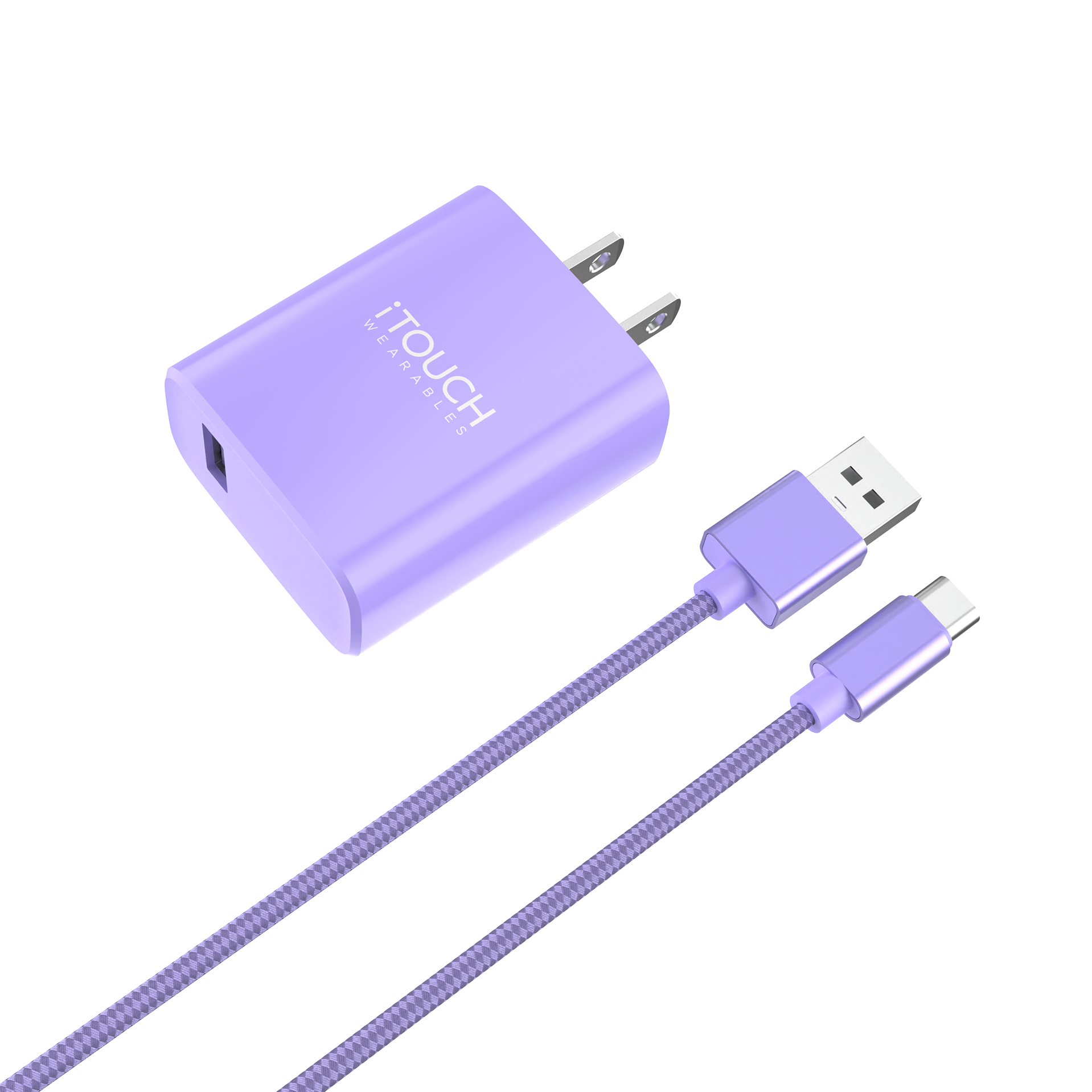 Purple charging adapter and cable set with 'iTouch' branding on a white background