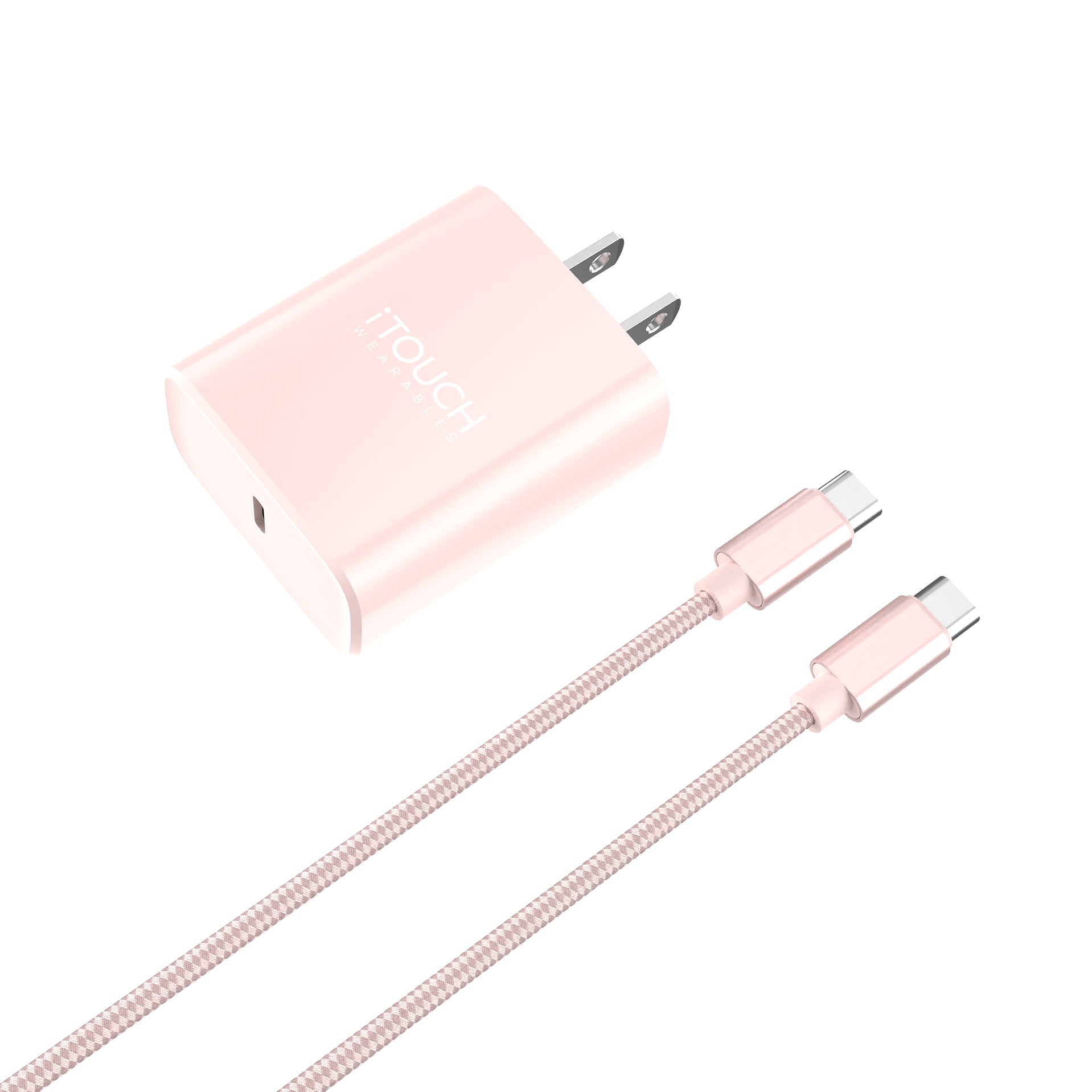 Pink charging adapter and cable set on a white background