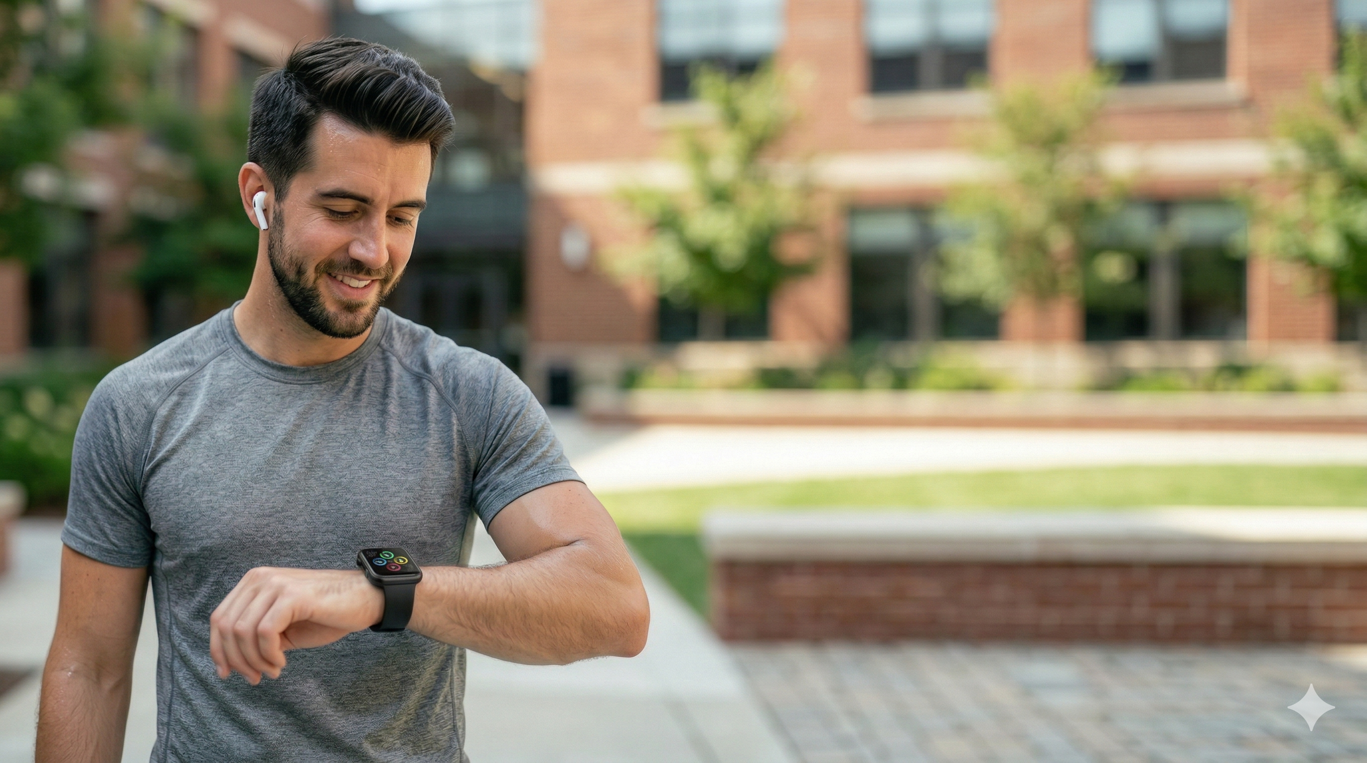 Man wearing a gray t-shirt and black smartwatch outdoors near a building