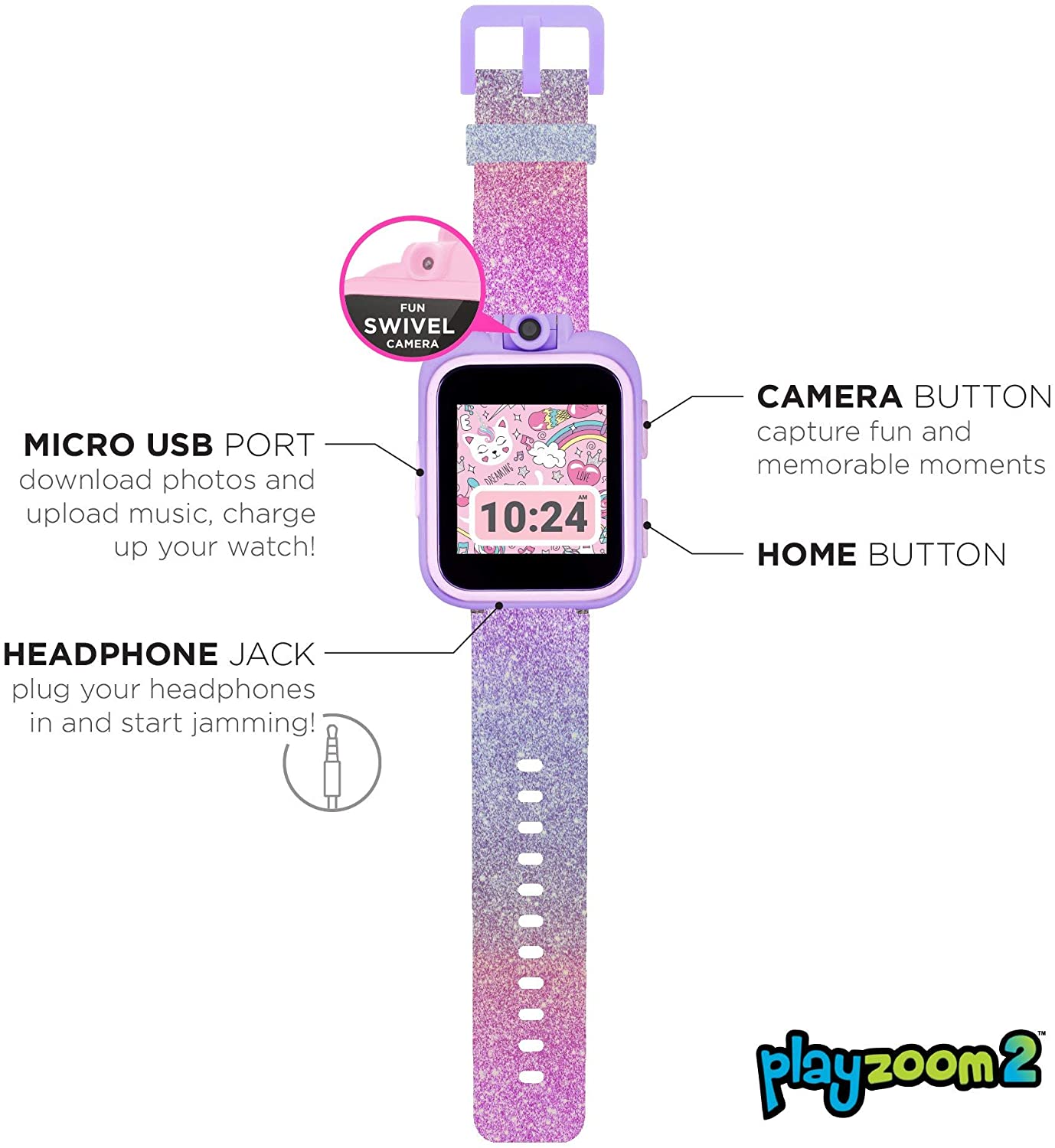 PlayZoom Kids Smartwatch & Earbuds Set: Purple/Pink Glitter