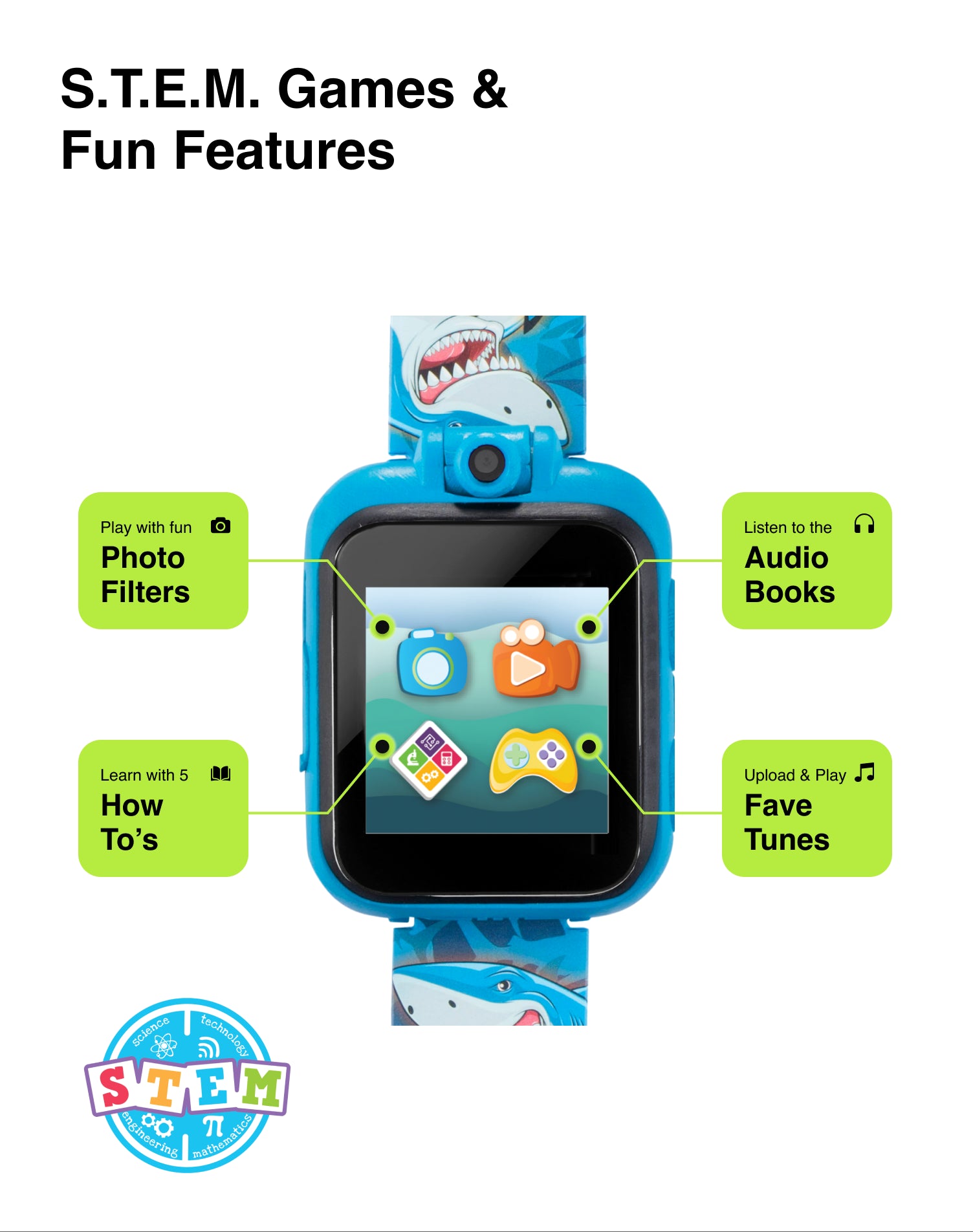 PlayZoom 2 Kids Smartwatch with Headphones: Blue Multi Shark affordable smart watch with headphones